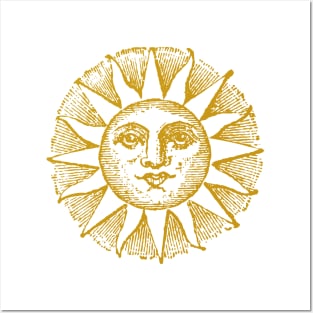 Sun Face | Sun with Face | Vintage Style Sun Illustration | Gold | Posters and Art